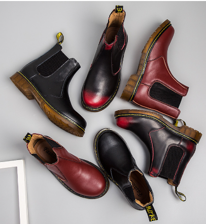 Botas Martin de Couro Bovino com Salto Grosso Estilo Outono para Mulheres