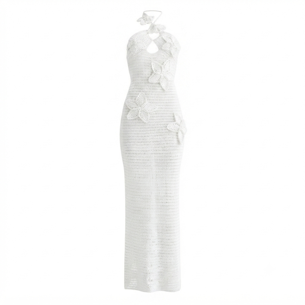 Vibrant Crochet Floral Halter Maxi Dress