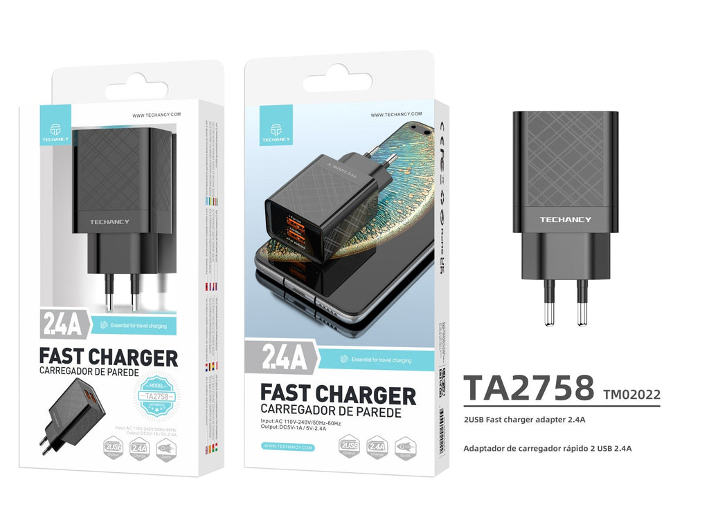 Techancy Carregador Usb 2.4A Preto  TA2758, 2usb Output, Chip Inteligente Integrado, Carregamento Simultâneo Multi-Device-2