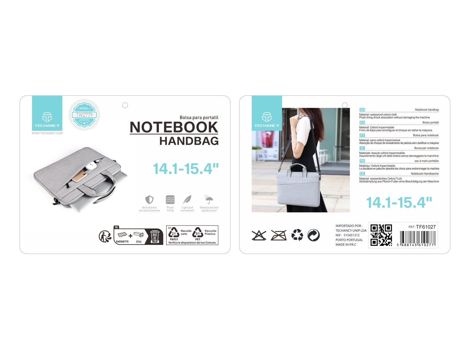 Mala para computador portátil Techancy TW2779, cinzenta, 14,1/15,4 polegadas, alça ajustável
