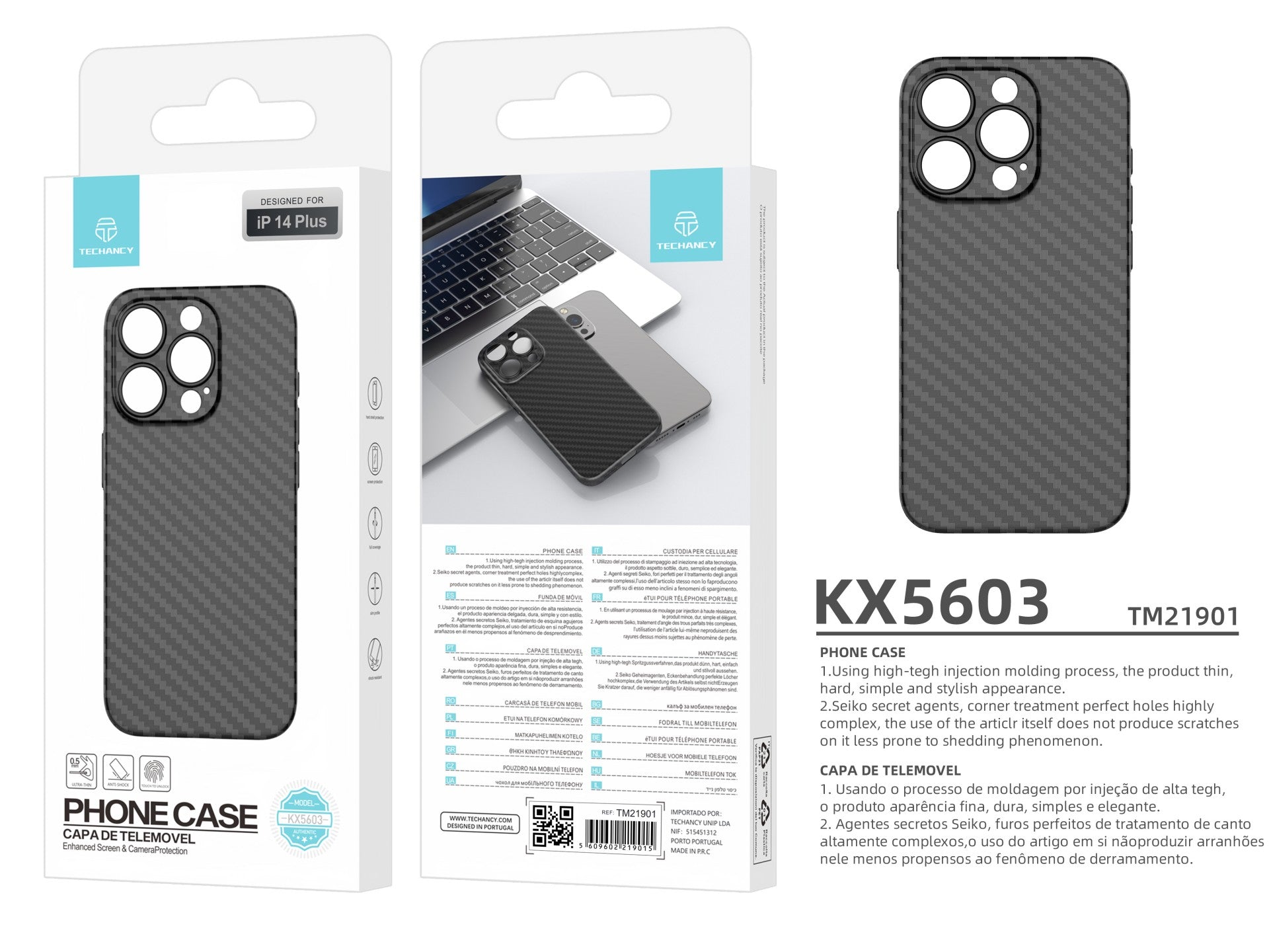 Techancy Capa Para Telemóvel Ultra Fina Em Fibra De Carbono KX5603, Compatível Com Iphone 14 Plus, Material Pp De 0,5 Mm.