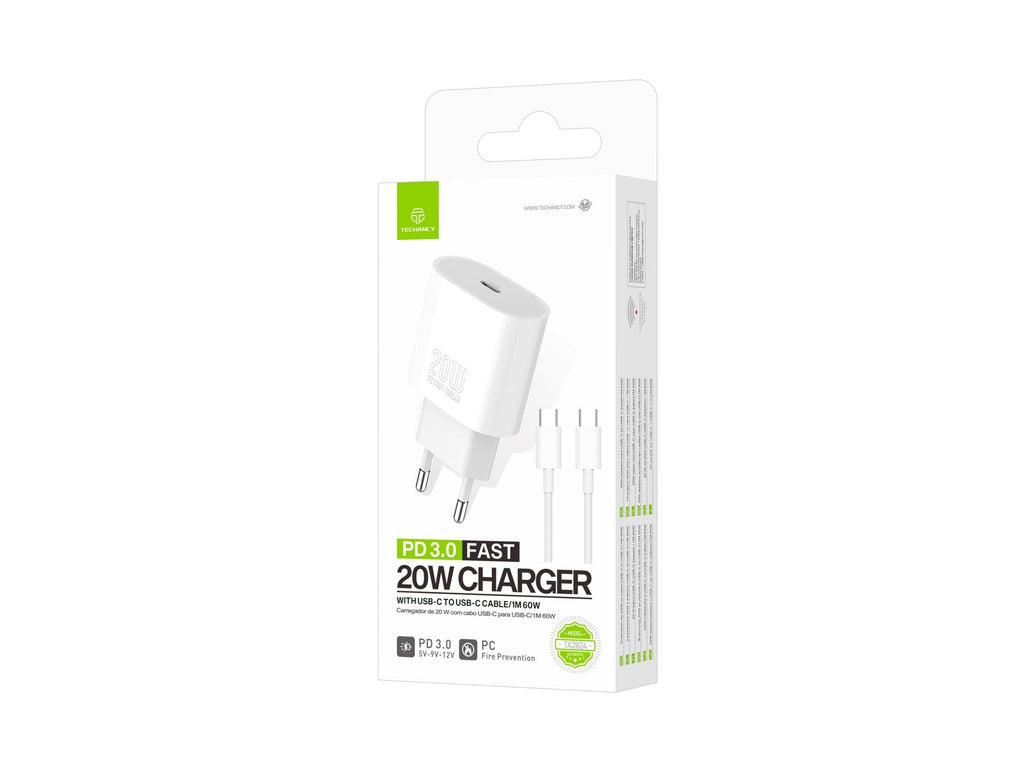 Techancy Carregador TA2824 PD3.0 20W com Cabo USB-C para USB-C Compativel com Tablets Portateis Telemoveis Android