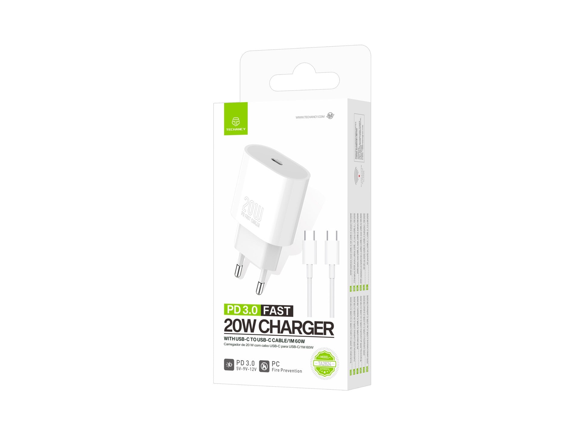 Techancy Carregador TA2824 PD3.0 20W com Cabo USB-C para USB-C Compativel com Tablets Portateis Telemoveis Android