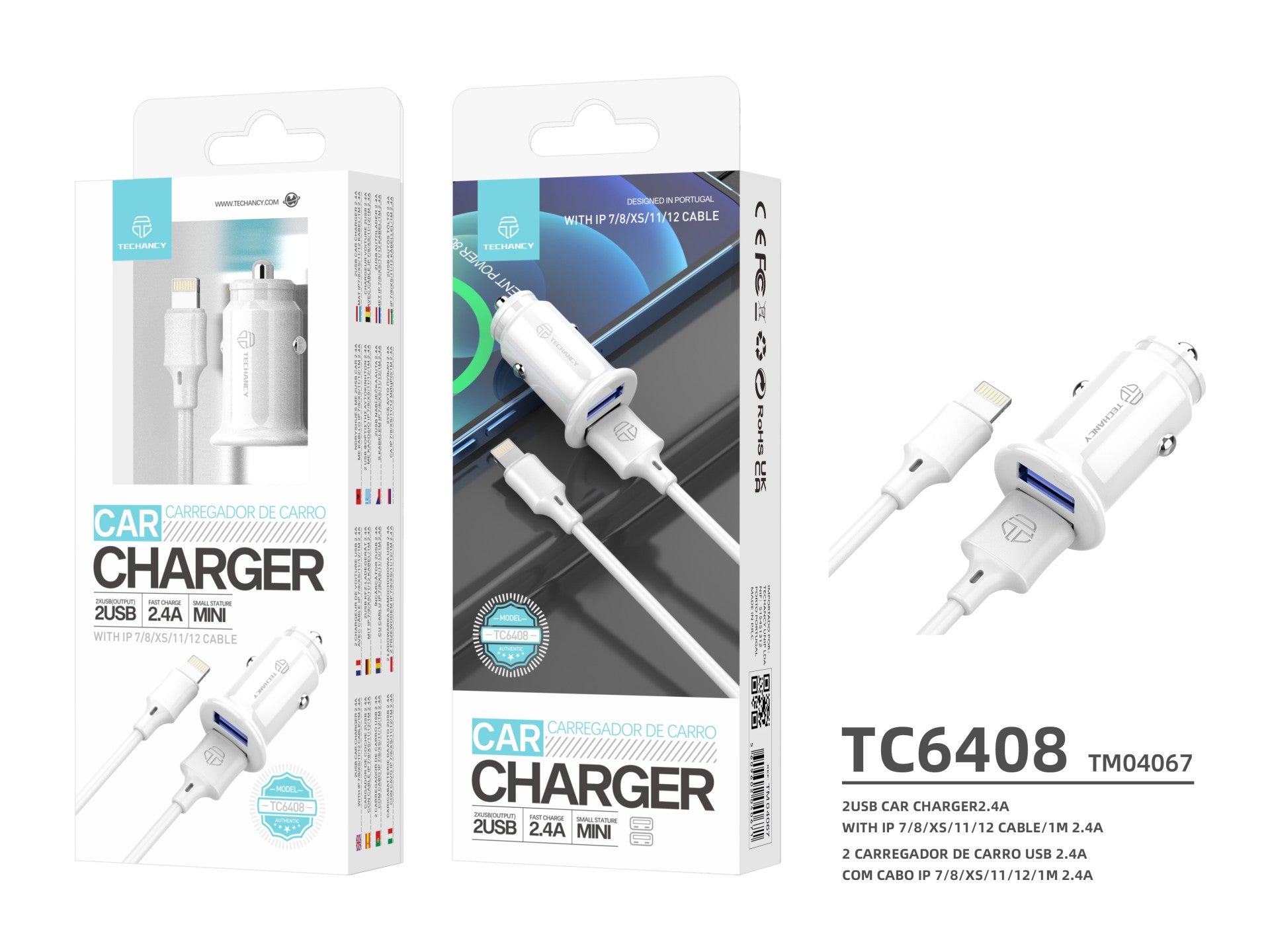 Techancy Carregador De Automóvel Mini  TC6408, Carregamento 2usb 2.4A, Kit De Dados Com Cabo Usb-Lightning 1m,branco-2