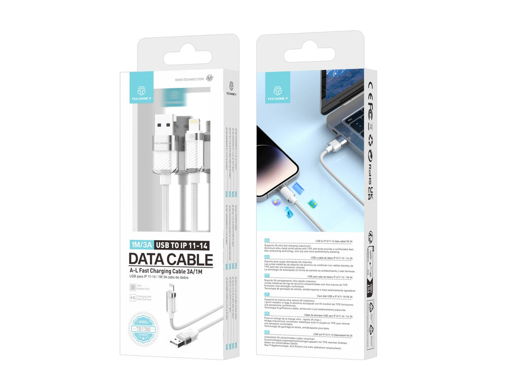 Techancy Cabo De Dados Ip 11-14/Usb 1m/3A Branco TB1780, Compatível Com Iphone/Ipad Carregamento Rápido E Dados