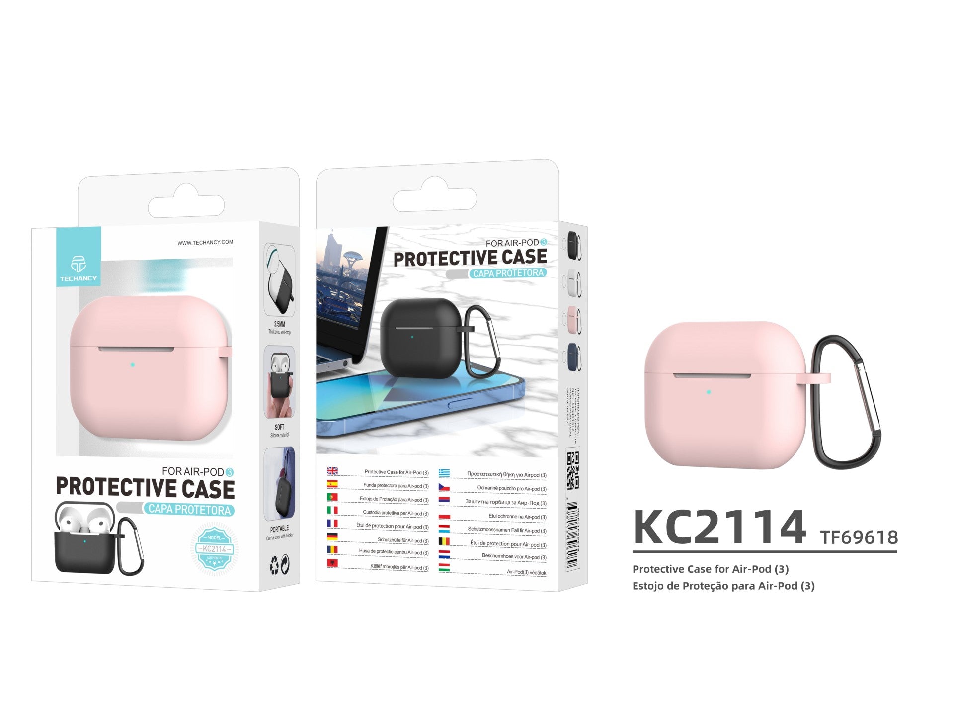 Capa protetora de silicone para auriculares Techancy, KC2114, compatível com AirPods de 3.ª geração, rosa