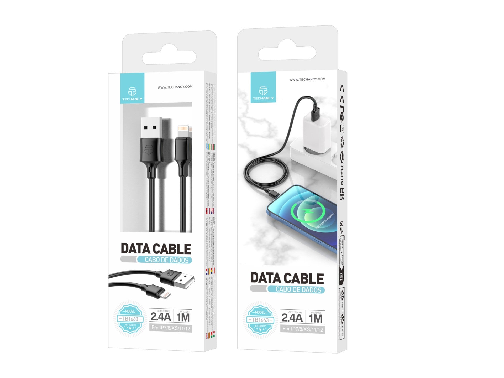 Techancy Cabo De Dados Usb-Lightning 1m Preto TB1671, Carregamento 2.4A, Compatível Com Iphone/Ipad-1