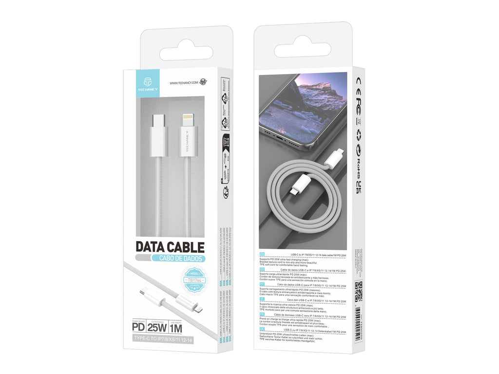 Techancy Cabo de Dados PD TB1764, 25W, 1m Branco, USB-C para Lightning, CompatIvel com iPhone 8/XS/11-14, Design Trancado Resistente