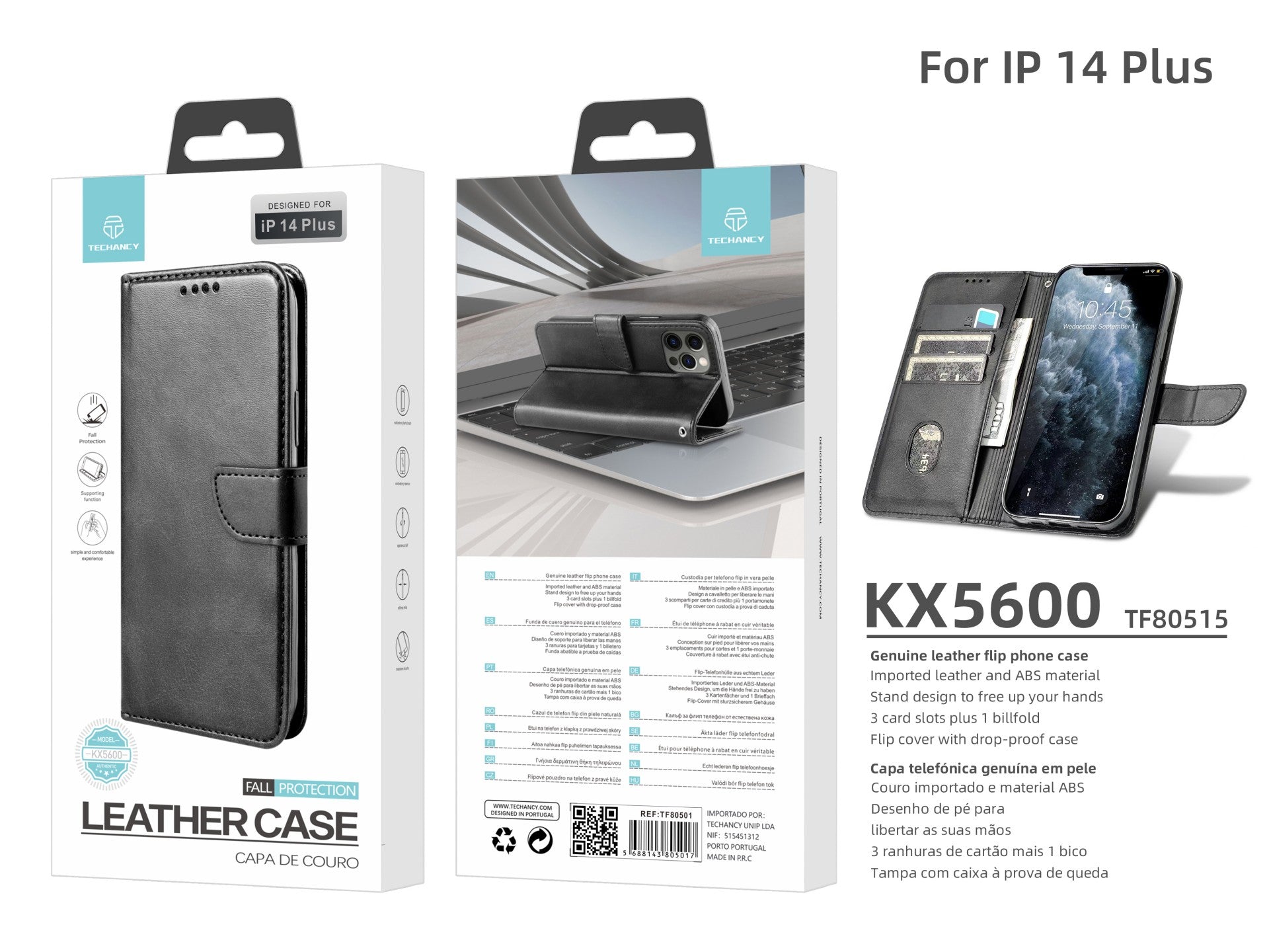 Capa flip em couro para telemóvel com 3 ranhuras para cartões, KX5600, função suporte e proteção contra quedas, compatível com iPhone 14 Plus, Preto-2