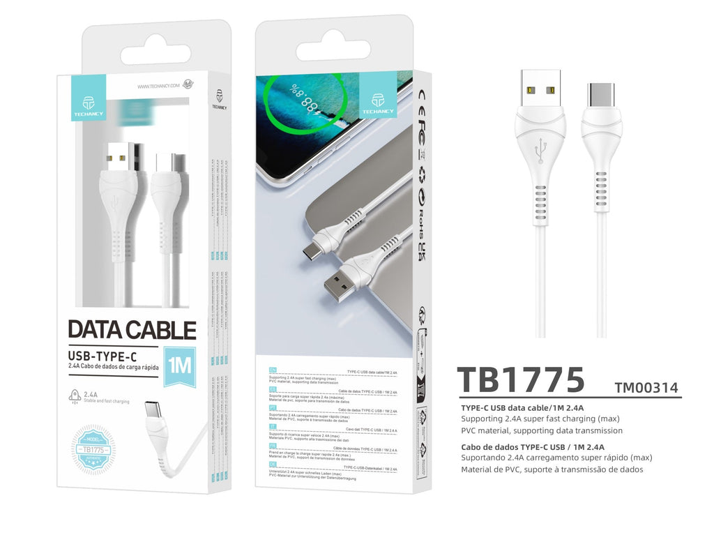 Techancy Cabo De Dados Usb-Type-C Branco 1M TB1775,Carregamento Rápido De 2,4 A, Suporta Transmissão De Dados, Material Pvc
