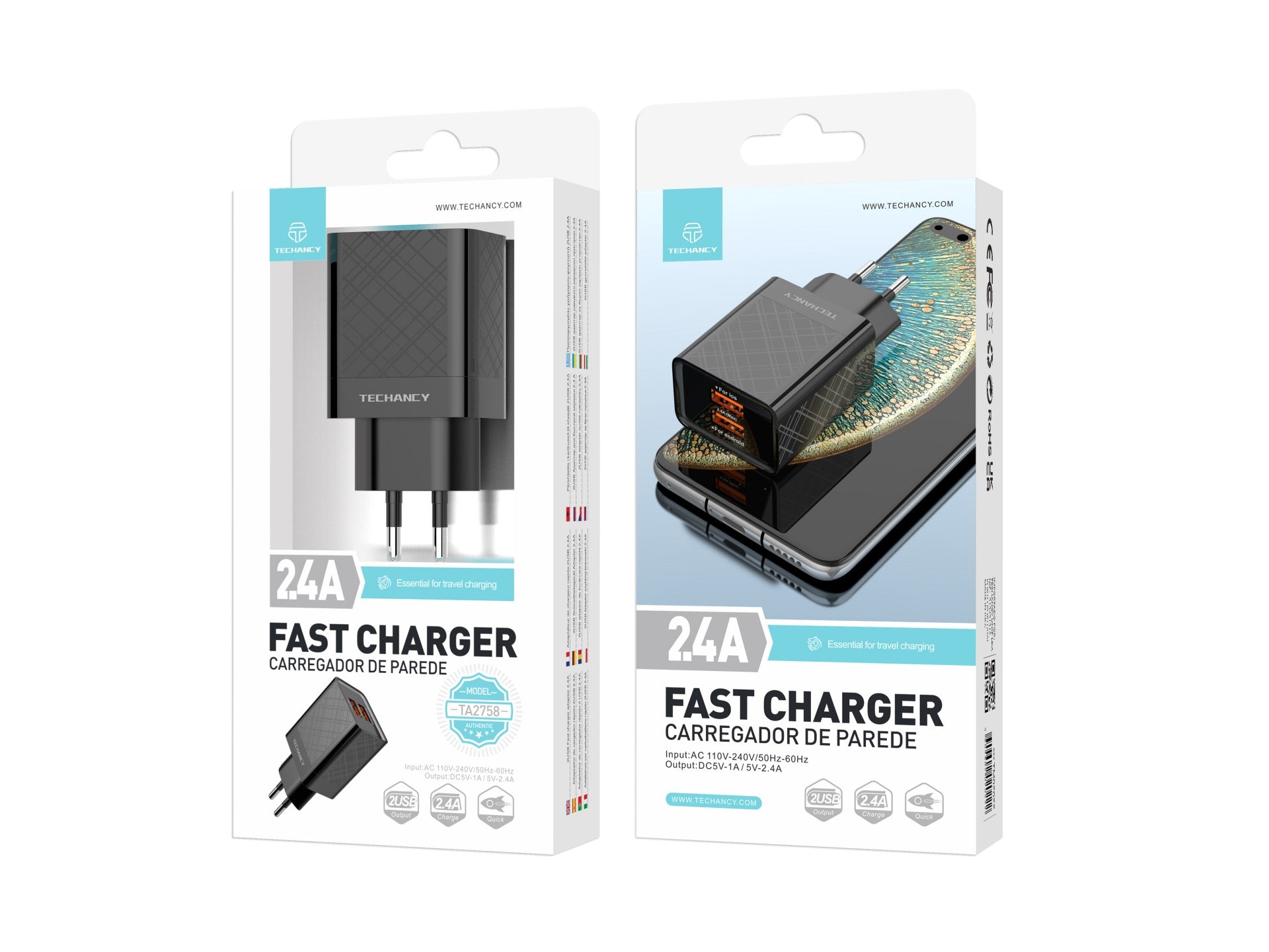 Techancy Carregador Usb 2.4A Preto  TA2758, 2usb Output, Chip Inteligente Integrado, Carregamento Simultâneo Multi-Device-1