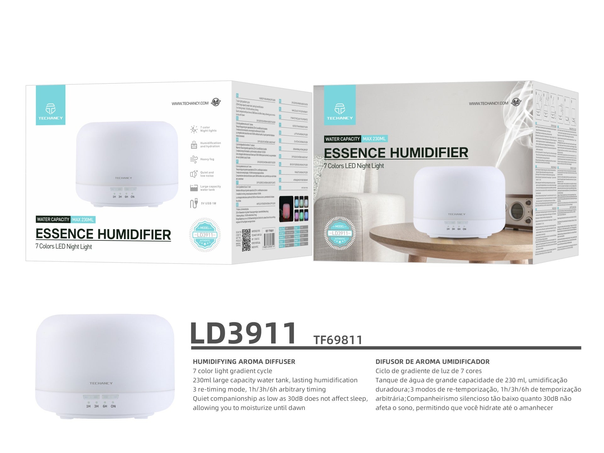 Difusor de aromaterapia Techancy, LD3911, com função humidificadora, branco-2