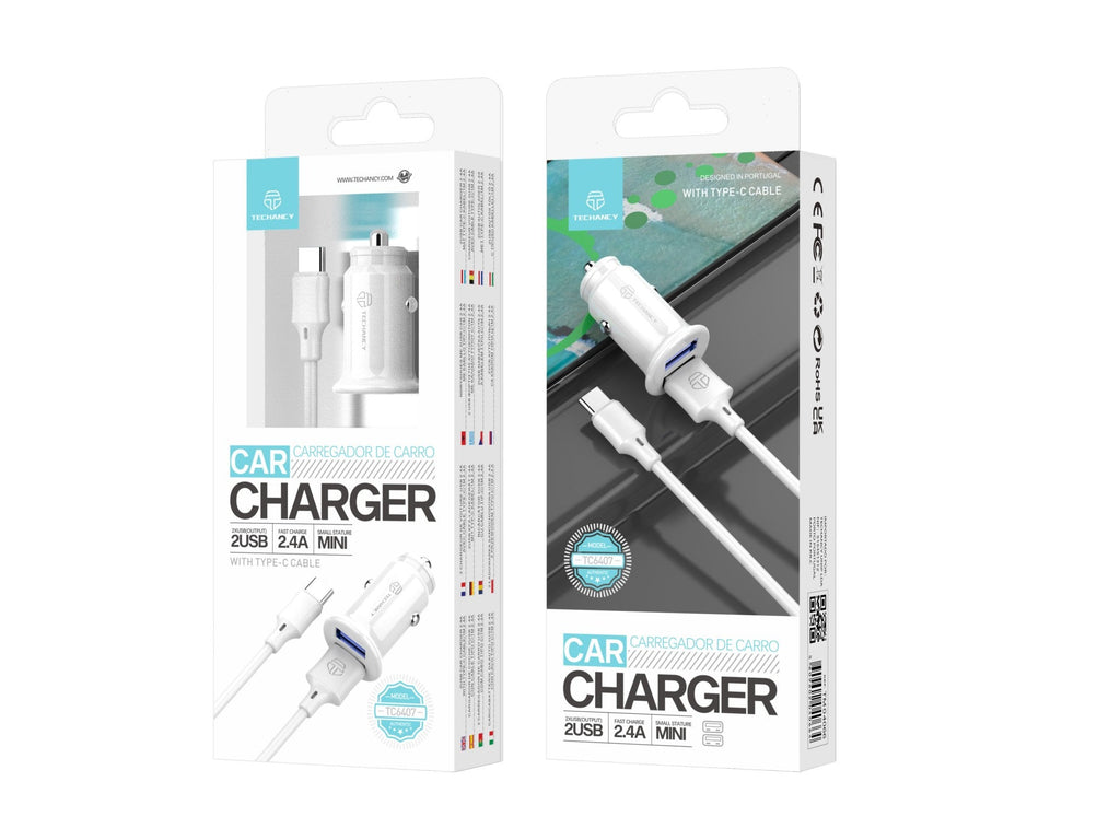 Techancy Carregador De Automóvel Mini  TC6407, Carregamento 2usb 2.4A, Conjunto De Cabos De Dados Usb-Type-C 1m, branco-1