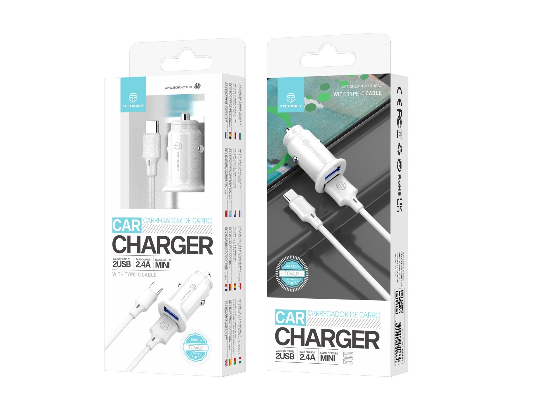 Techancy Carregador De Automóvel Mini  TC6407, Carregamento 2usb 2.4A, Conjunto De Cabos De Dados Usb-Type-C 1m, branco-1