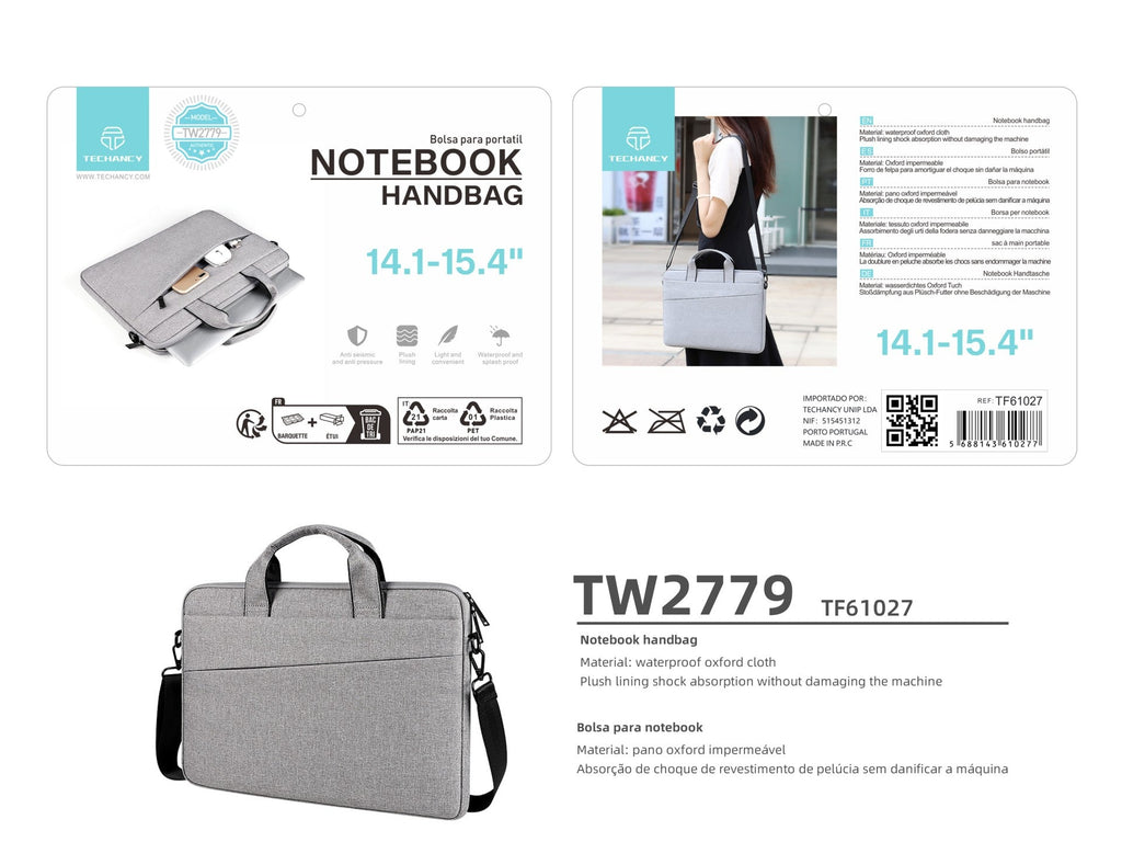 Mala para computador portátil Techancy TW2779, cinzenta, 14,1/15,4 polegadas, alça ajustável