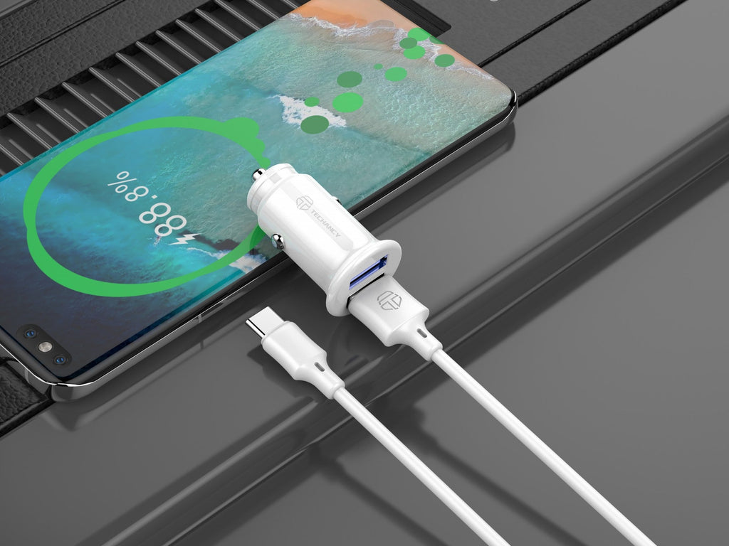Techancy Carregador De Automóvel Mini  TC6407, Carregamento 2usb 2.4A, Conjunto De Cabos De Dados Usb-Type-C 1m, branco-3