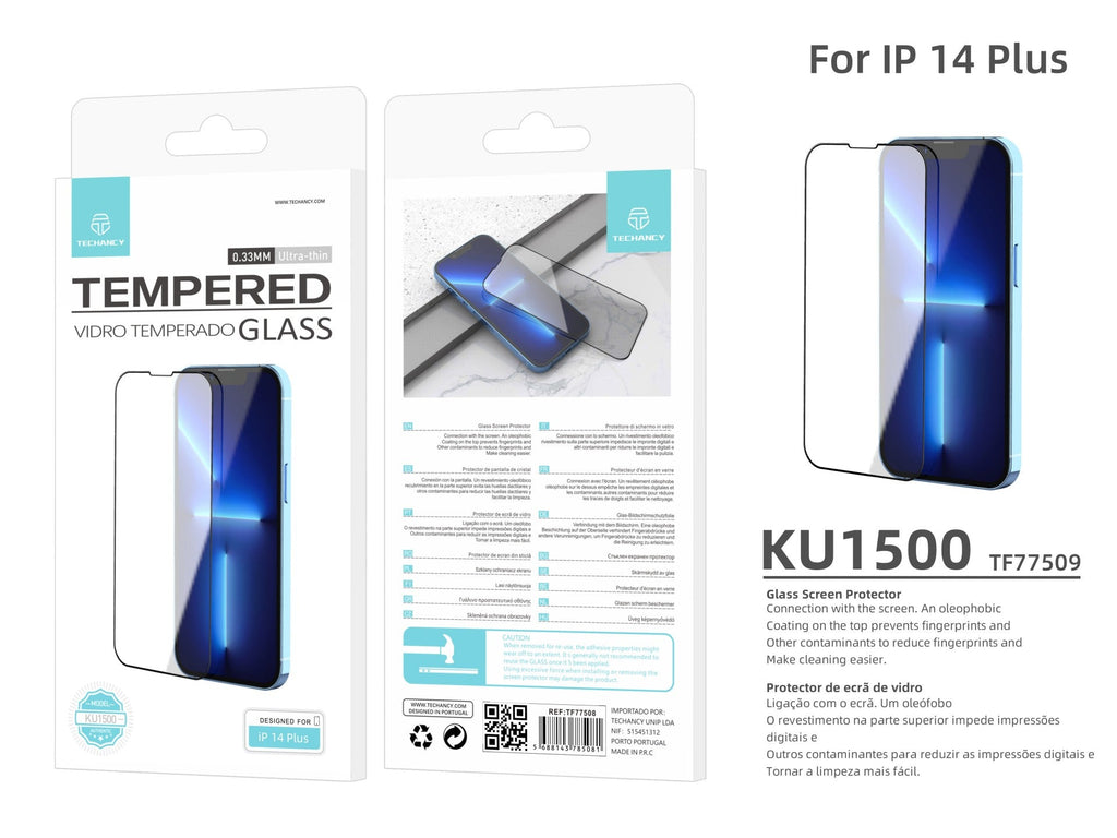 Protetor de ecrã premium para smartphone Techancy, KU1500, vidro temperado de 0,33 mm, compatível com iPhone 14 Plus-2