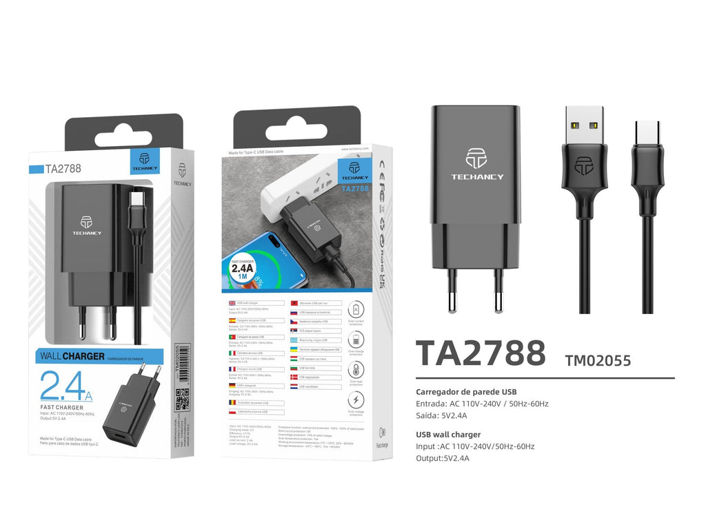 Techancy Carregador De Telemóvel Preto  TA2788, Saída Usb 5v-2.4a Carregamento, Conjunto De Carregador De Cabo Usb-Tipo C 1m-2
