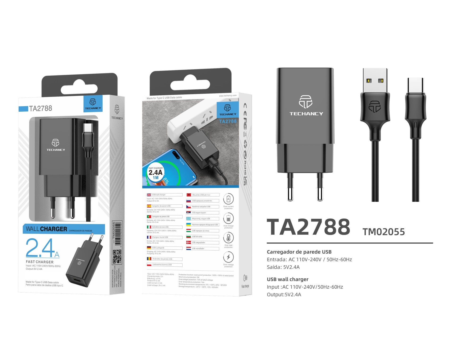 Techancy Carregador De Telemóvel Preto  TA2788, Saída Usb 5v-2.4a Carregamento, Conjunto De Carregador De Cabo Usb-Tipo C 1m-2
