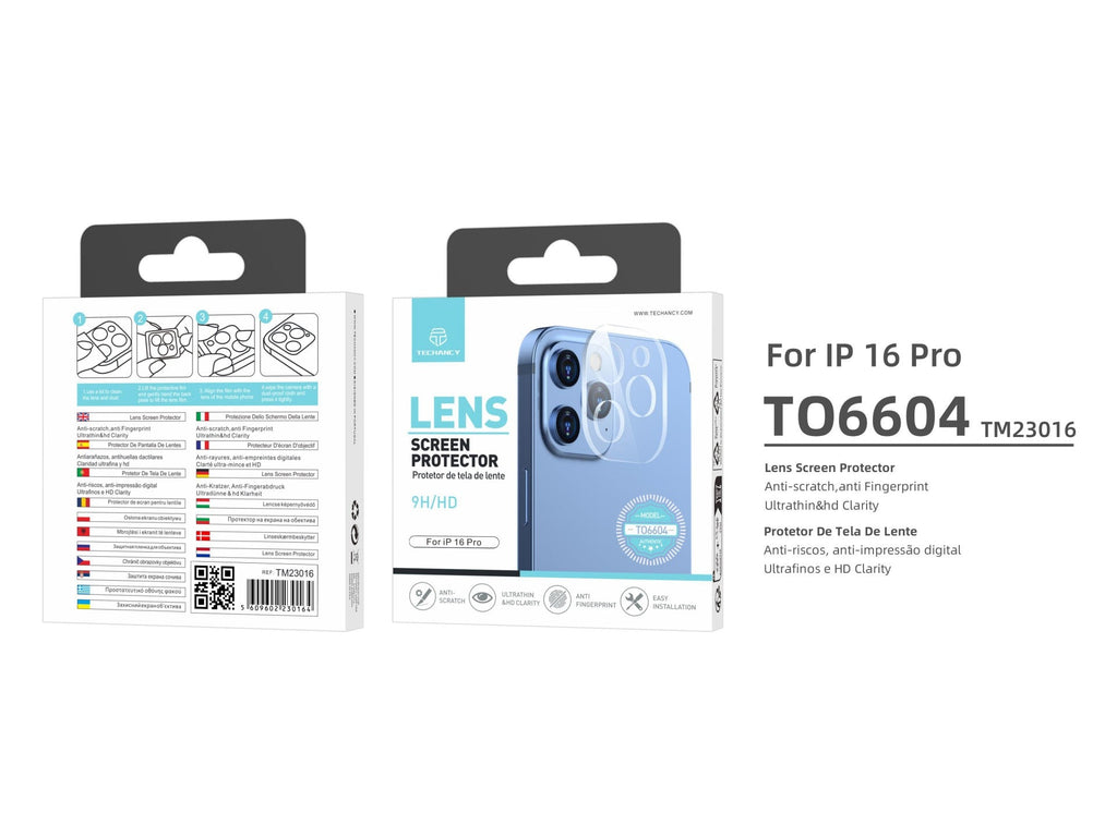 Techancy Protetor de Lente  para iPhone 16 Pro TO6604, 9H Anti-riscos, Anti-digital, Ultrafino e HD, Fácil de Instalar