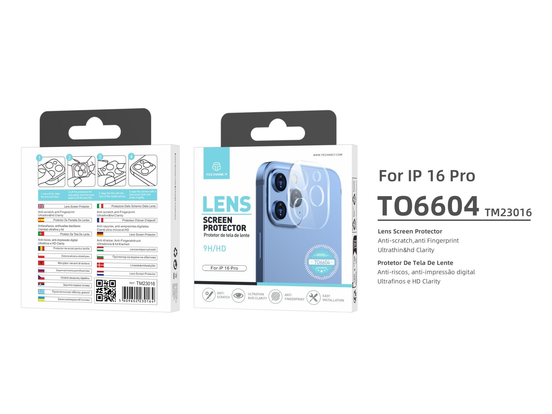 Techancy Protetor de Lente  para iPhone 16 Pro TO6604, 9H Anti-riscos, Anti-digital, Ultrafino e HD, Fácil de Instalar