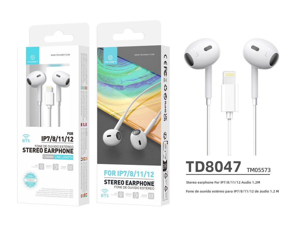 Techancy Auricular Estéreo Lightning Branco  TD8047, Com Microfone, Controlo Do Volume De Chamadas, Compatível Com Ipad/Iphone