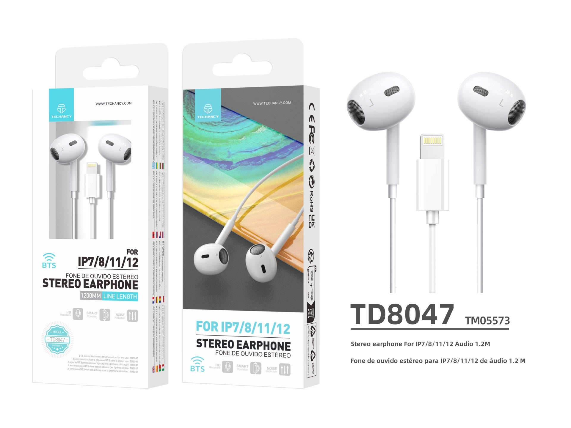 Techancy Auricular Estéreo Lightning Branco  TD8047, Com Microfone, Controlo Do Volume De Chamadas, Compatível Com Ipad/Iphone