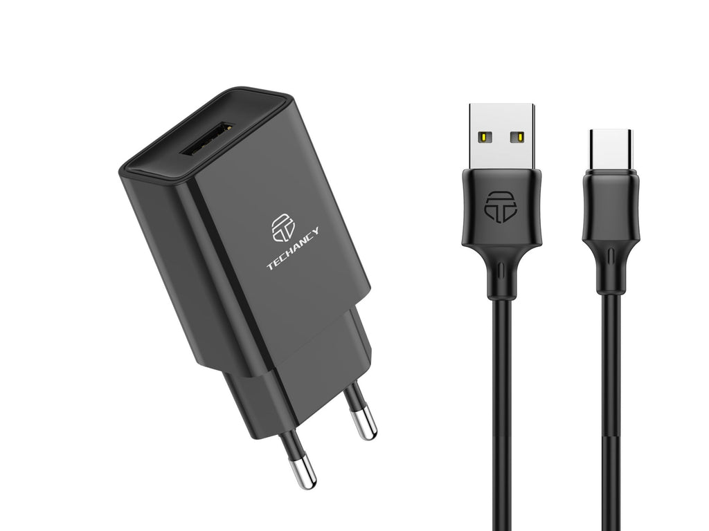 Techancy Carregador De Telemóvel Preto  TA2788, Saída Usb 5v-2.4a Carregamento, Conjunto De Carregador De Cabo Usb-Tipo C 1m-0