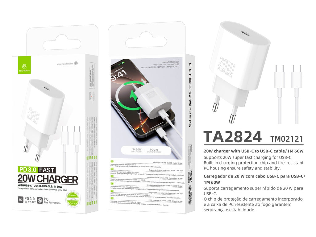 Techancy Carregador TA2824 PD3.0 20W com Cabo USB-C para USB-C Compativel com Tablets Portateis Telemoveis Android