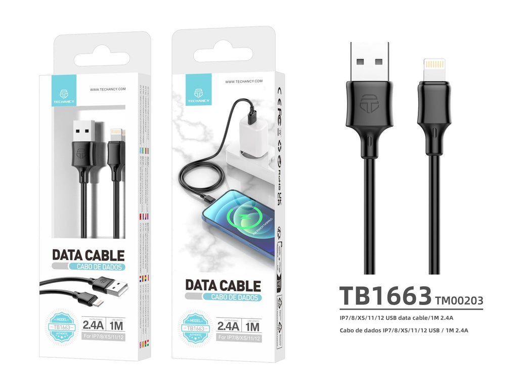 Techancy Cabo De Dados Usb-Lightning 1m Preto TB1671, Carregamento 2.4A, Compatível Com Iphone/Ipad-2
