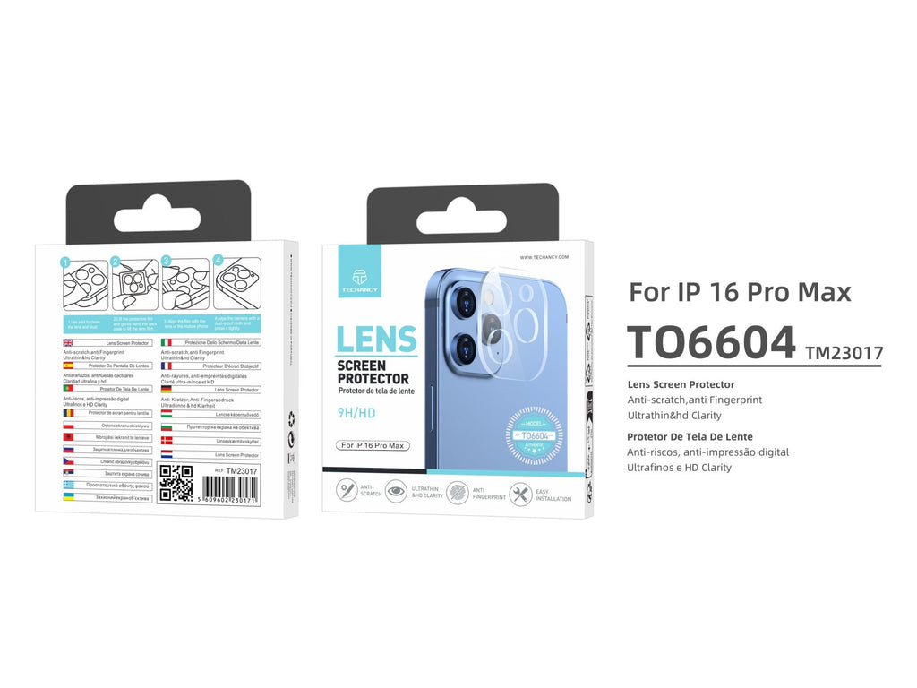 Techancy Protetor de Lente  para iPhone 16 Pro Max TO6604, 9H Anti-riscos, Anti-digital, Ultrafino e HD, Fácil de Instalar