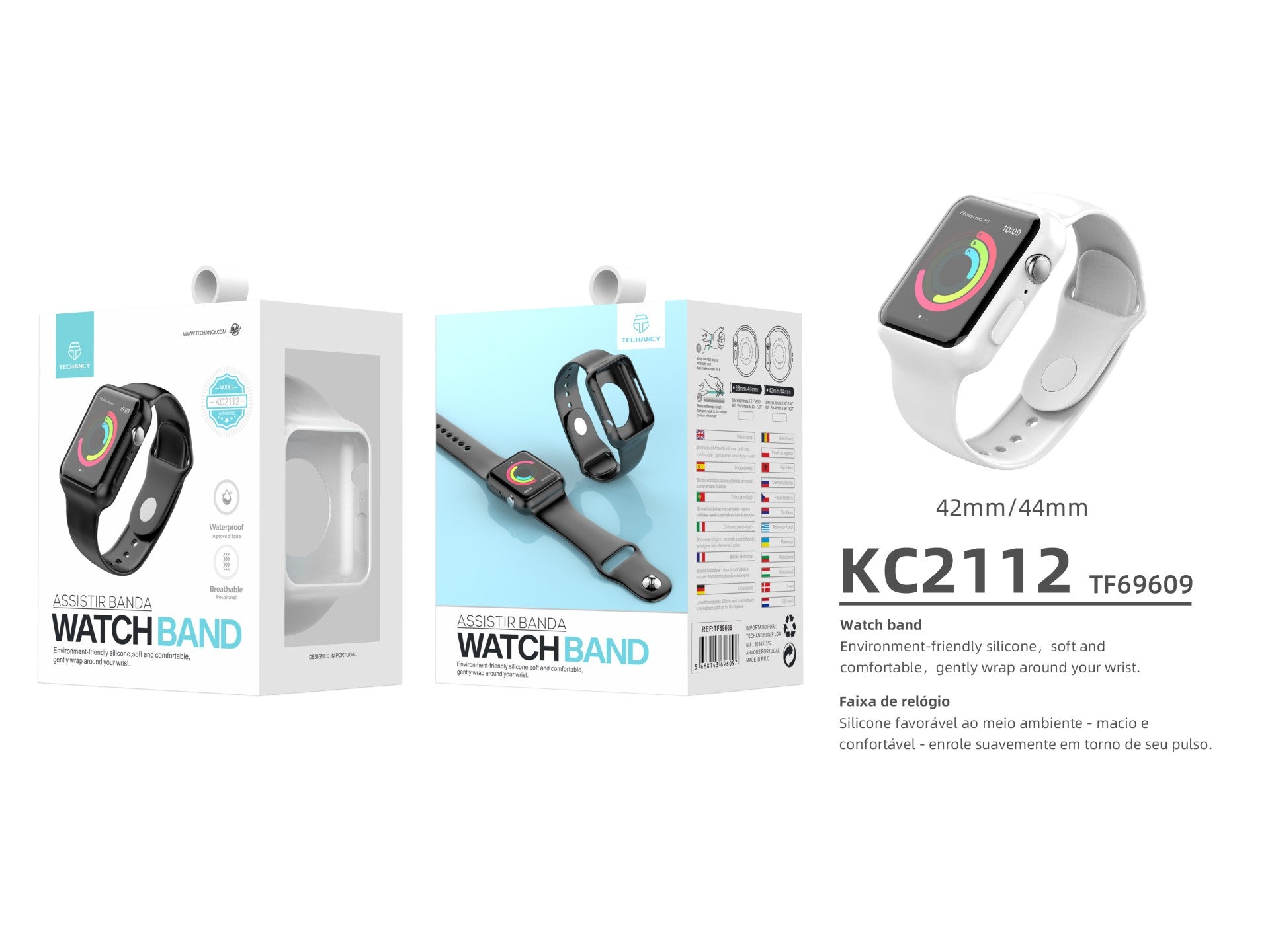 Pulseira para relógio totalmente adesiva Techancy, KC2112, compatível com Apple Watch 42-44 mm, Branco
