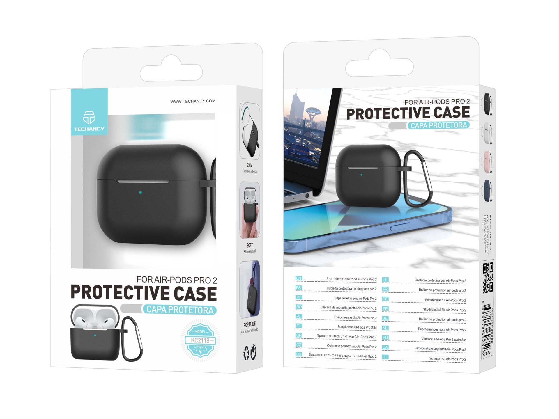Capa de silicone para auriculares Techancy, KC2118, compatível com AirPods Pro 2.ª geração, Preto