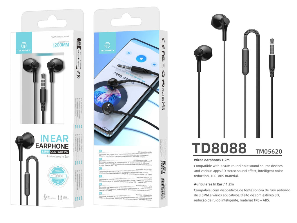 Techancy Auscultadores Intra-Auriculares 1,2 Metros Pretos TD8088, 3,5 Mm Com Microfone, Auscultadores Com Som Estéreo 3d-2