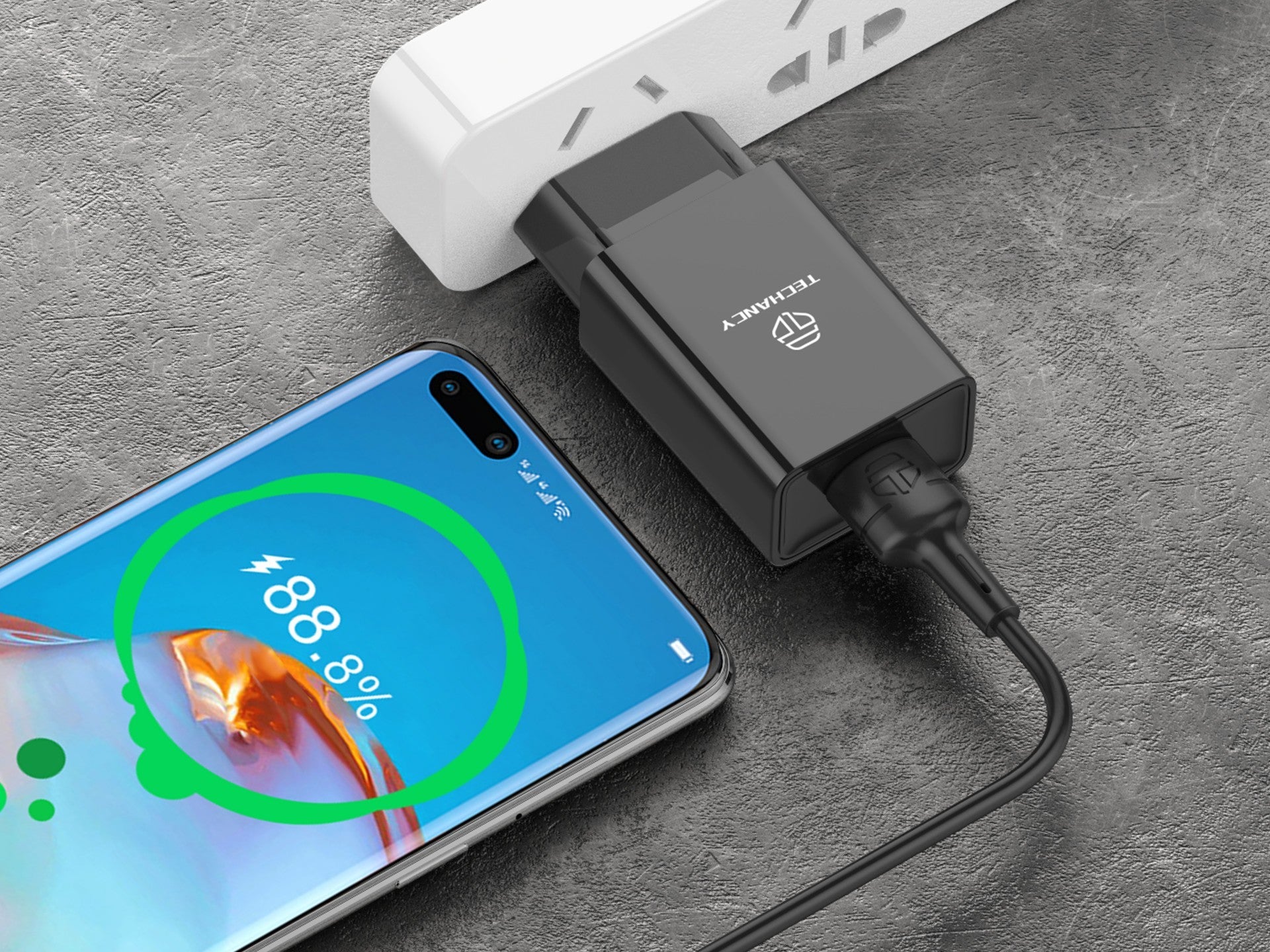 Techancy Carregador De Telemóvel Preto  TA2788, Saída Usb 5v-2.4a Carregamento, Conjunto De Carregador De Cabo Usb-Tipo C 1m-3