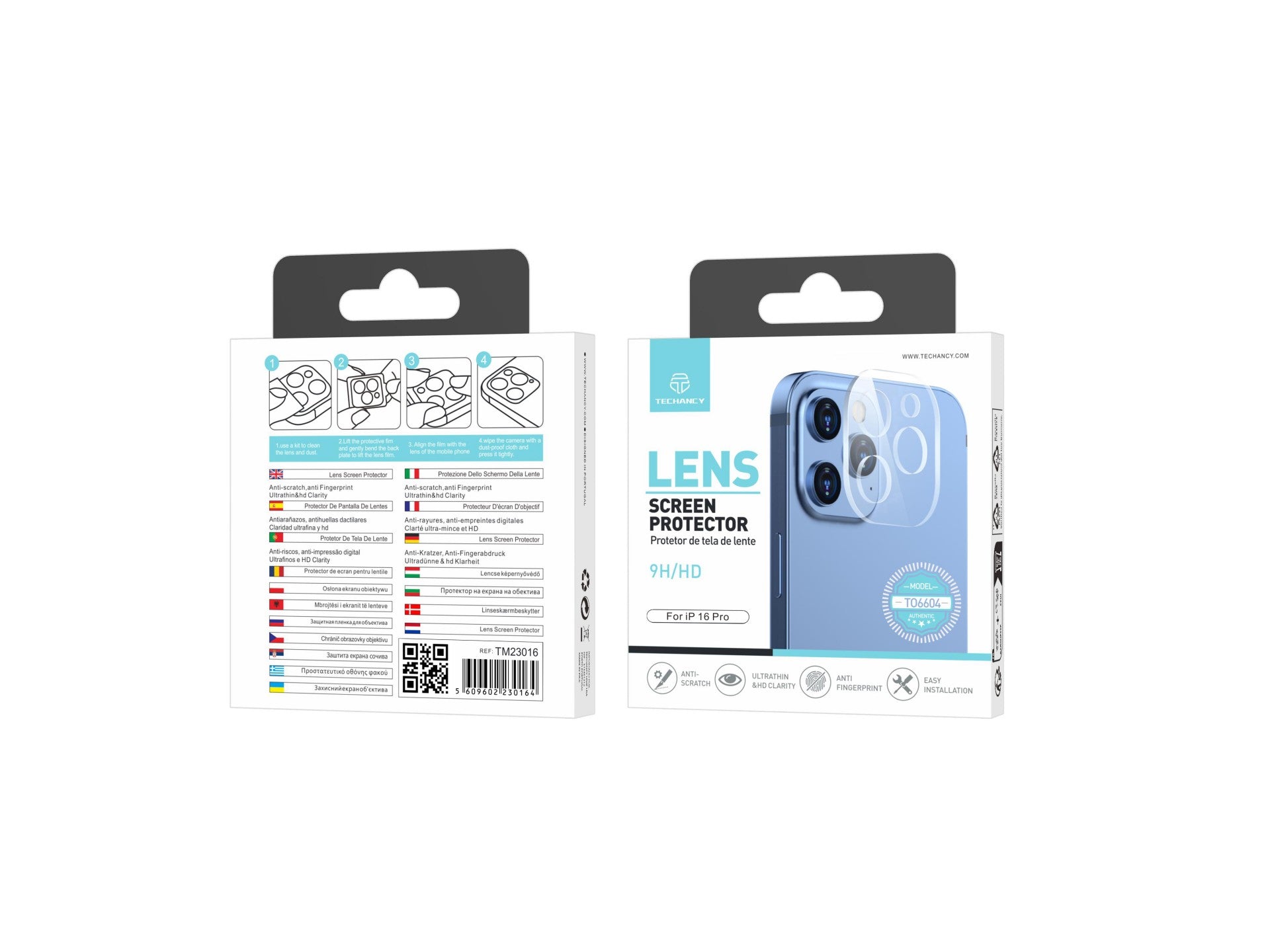 Techancy Protetor de Lente  para iPhone 16 Pro TO6604, 9H Anti-riscos, Anti-digital, Ultrafino e HD, Fácil de Instalar