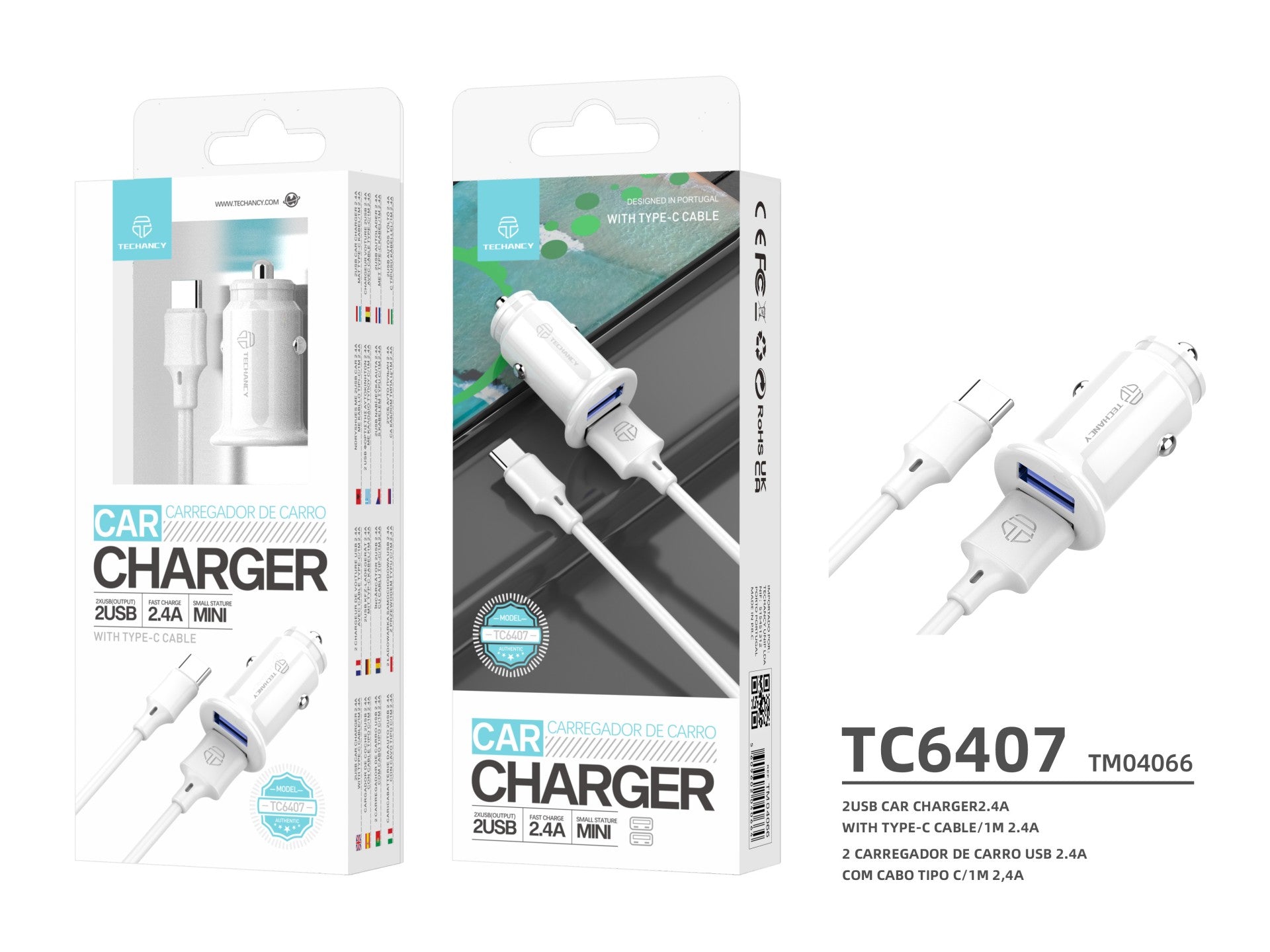 Techancy Carregador De Automóvel Mini  TC6407, Carregamento 2usb 2.4A, Conjunto De Cabos De Dados Usb-Type-C 1m, branco-2