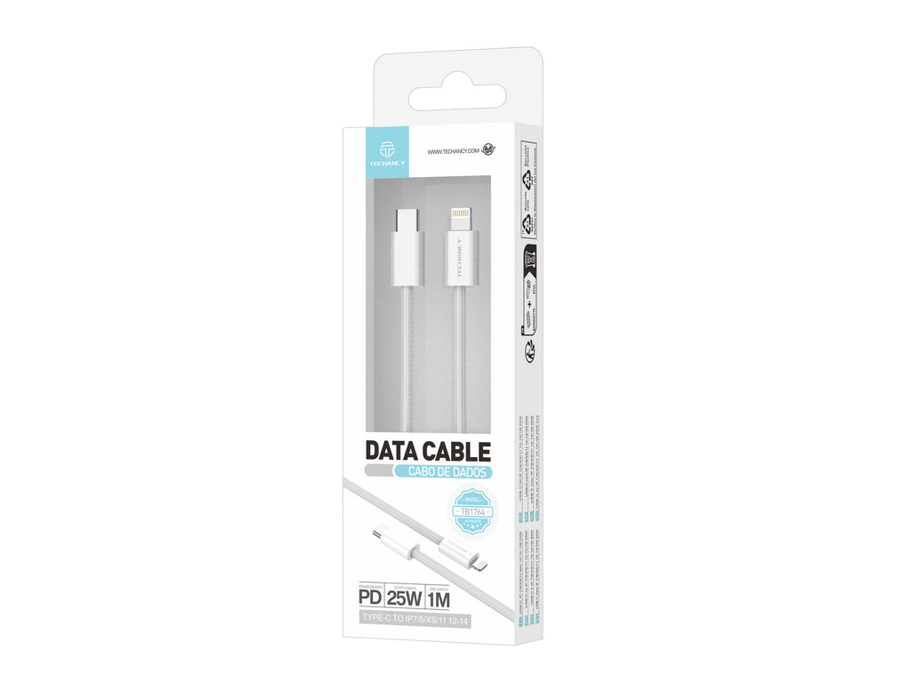 Techancy Cabo de Dados PD TB1764, 25W, 1m Branco, USB-C para Lightning, CompatIvel com iPhone 8/XS/11-14, Design Trancado Resistente
