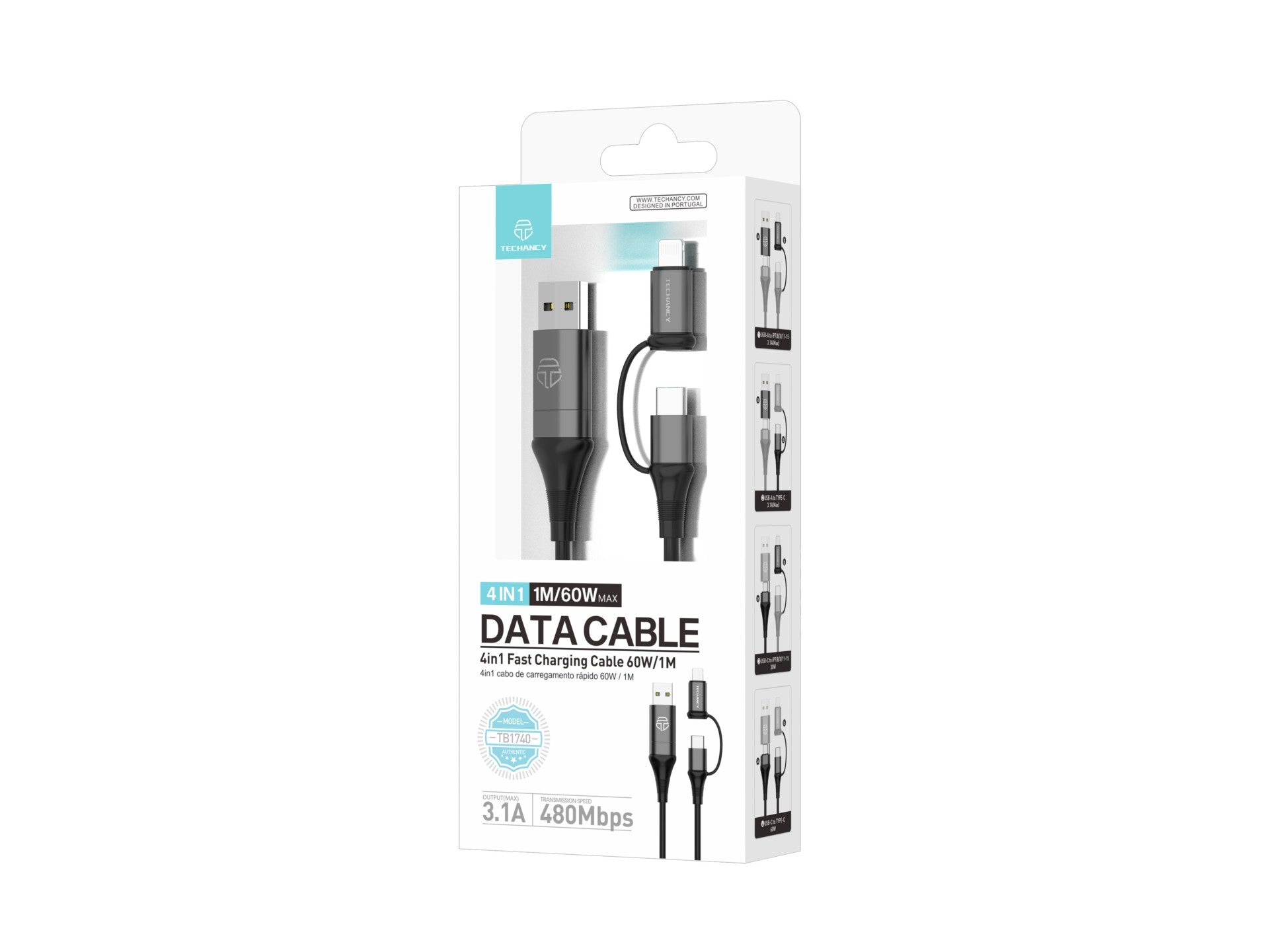 Techancy Cabo De Dados Multifunções 4 Em 1 Preto TB1740, 60w/1m, Usb/Usb C Para  Tipo C/Lightning, Suporta Transmissão De Dados-4