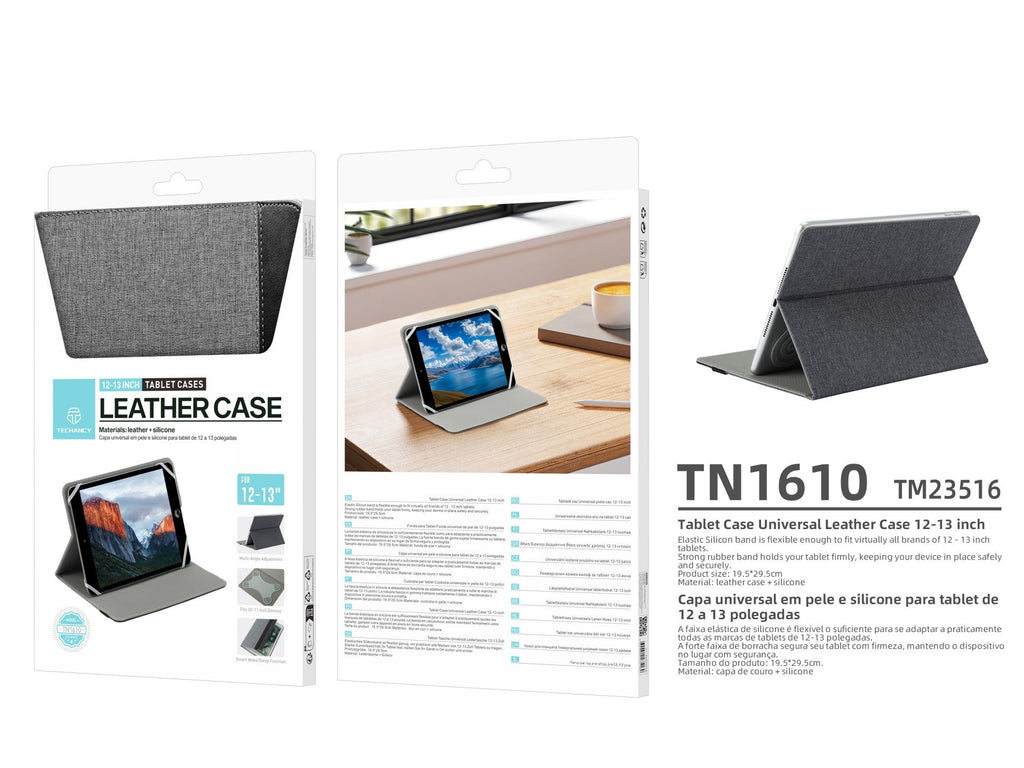 Techancy Capa Tablet TN1610 Universal Para 12-13 Polegadas Couro Silicone Ajustavel Multiangulos Faixa Elastico Antiderrapante Cinza