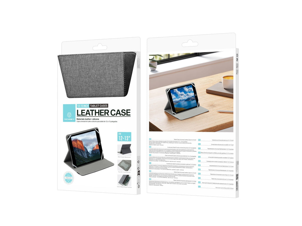 Techancy Capa Tablet TN1610 Universal Para 12-13 Polegadas Couro Silicone Ajustavel Multiangulos Faixa Elastico Antiderrapante Cinza