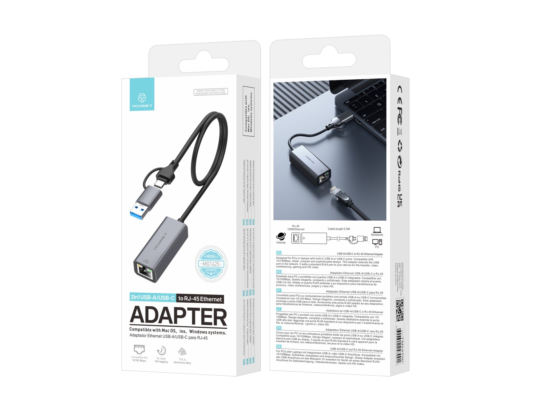 Techancy Adaptador Ethernet  USB-A/USB-C para RJ-45 MG1425 , compatível com Mac OS, iOS, sistemas Windows, 10/100 Mbps