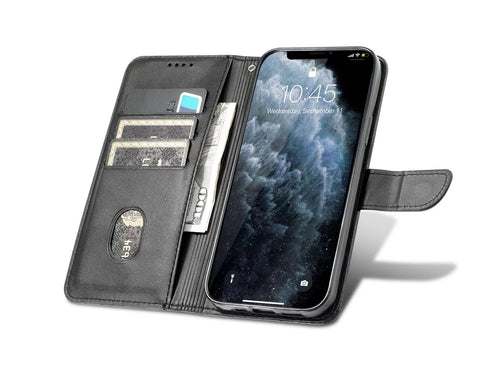 Capa flip em couro para telemóvel com 3 ranhuras para cartões, KX5600, função suporte e proteção contra quedas, compatível com iPhone 14 Plus, Preto-0