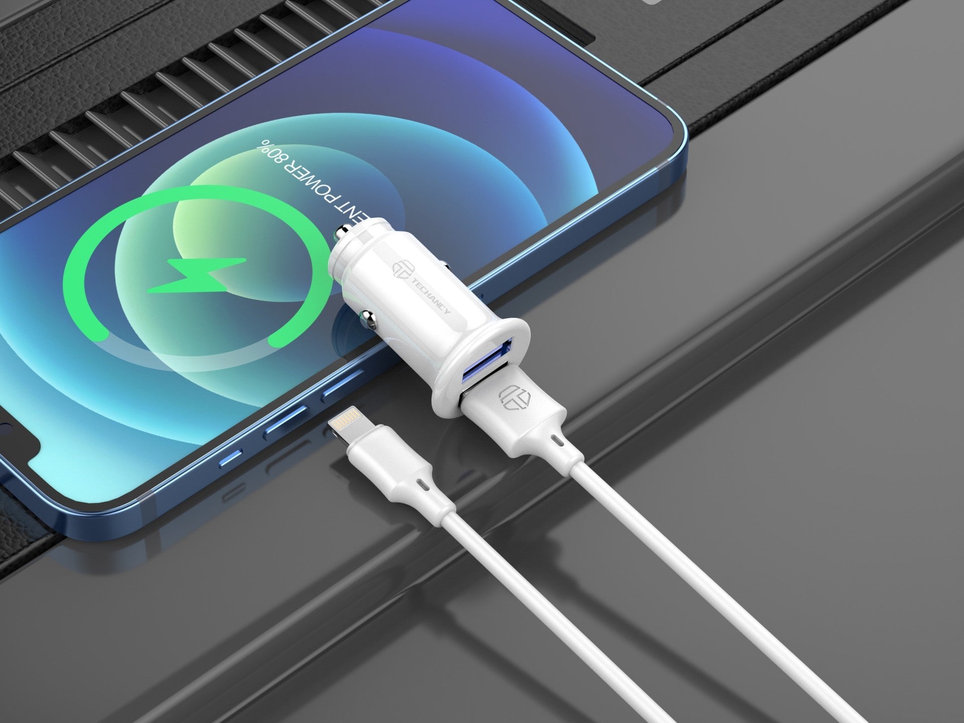 Techancy Carregador De Automóvel Mini  TC6408, Carregamento 2usb 2.4A, Kit De Dados Com Cabo Usb-Lightning 1m,branco-3