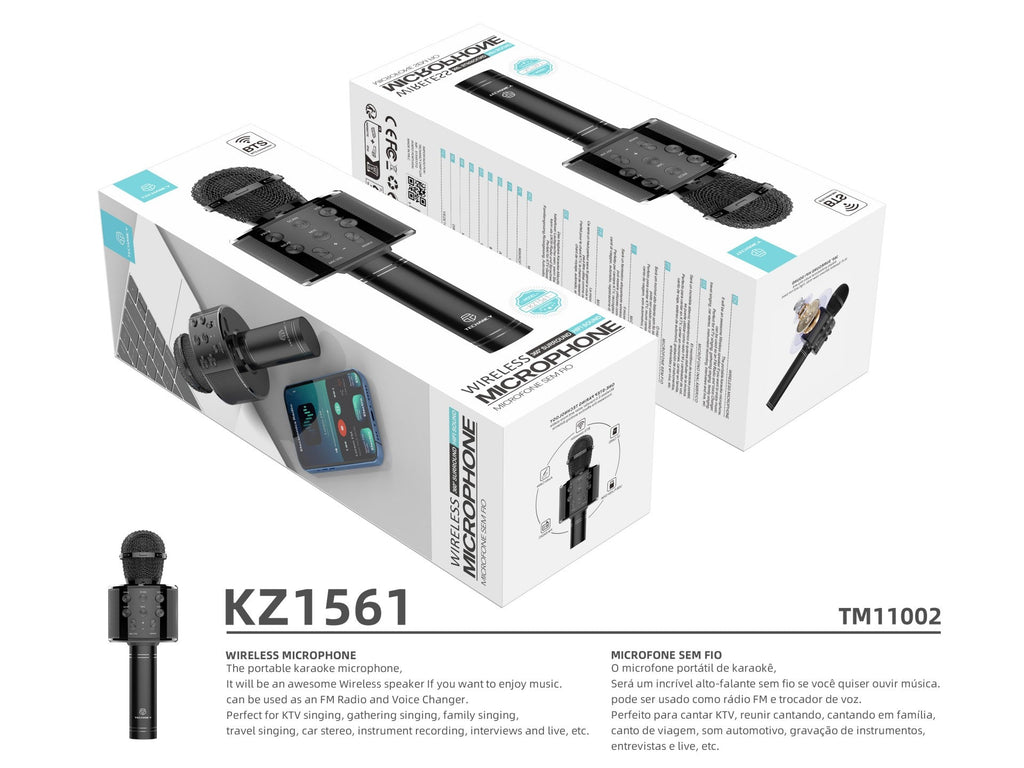 Techancy Microfone Sem Fio KZ1561, karaokê portátil, alto-falante Bluetooth, rádio FM e trocador de voz para diversão