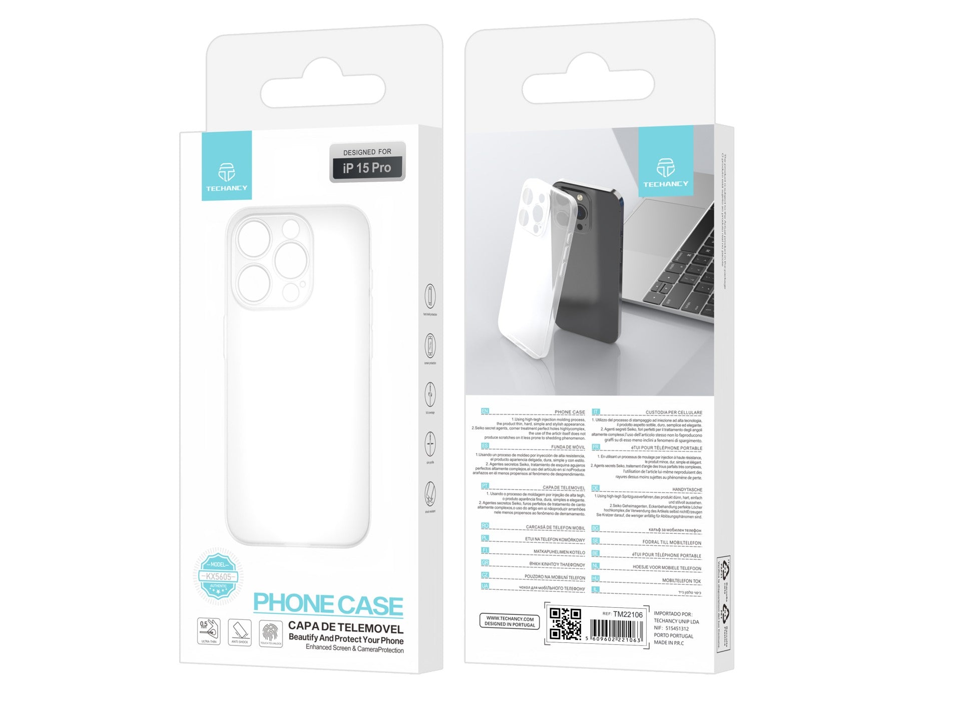 Techancy Capa Para Telemóvel Ultrafina Cor Transparente KX5605, Compatível Com O Telemóvel Iphone 15 Pro, Material Pp De 0,5 Mm.