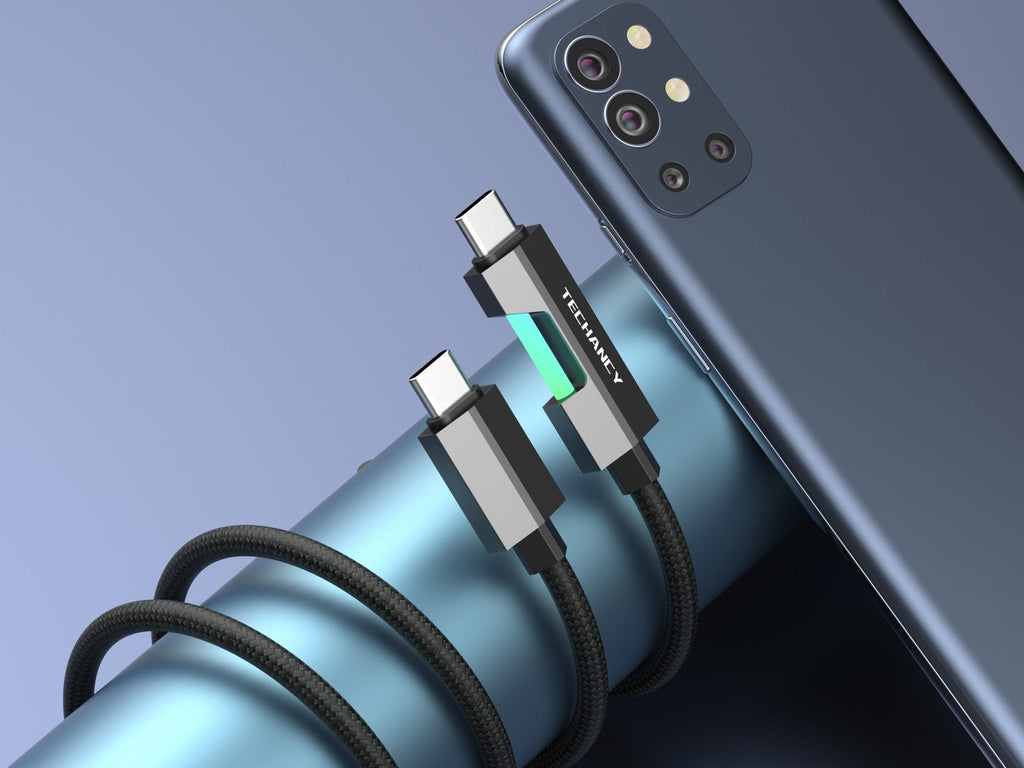 Techancy Cabo De Dados Usb-C Para Usb-C TB1797, 1m/60w Com Luz Rgb, Cabo Entrançado De Alumínio, Preto