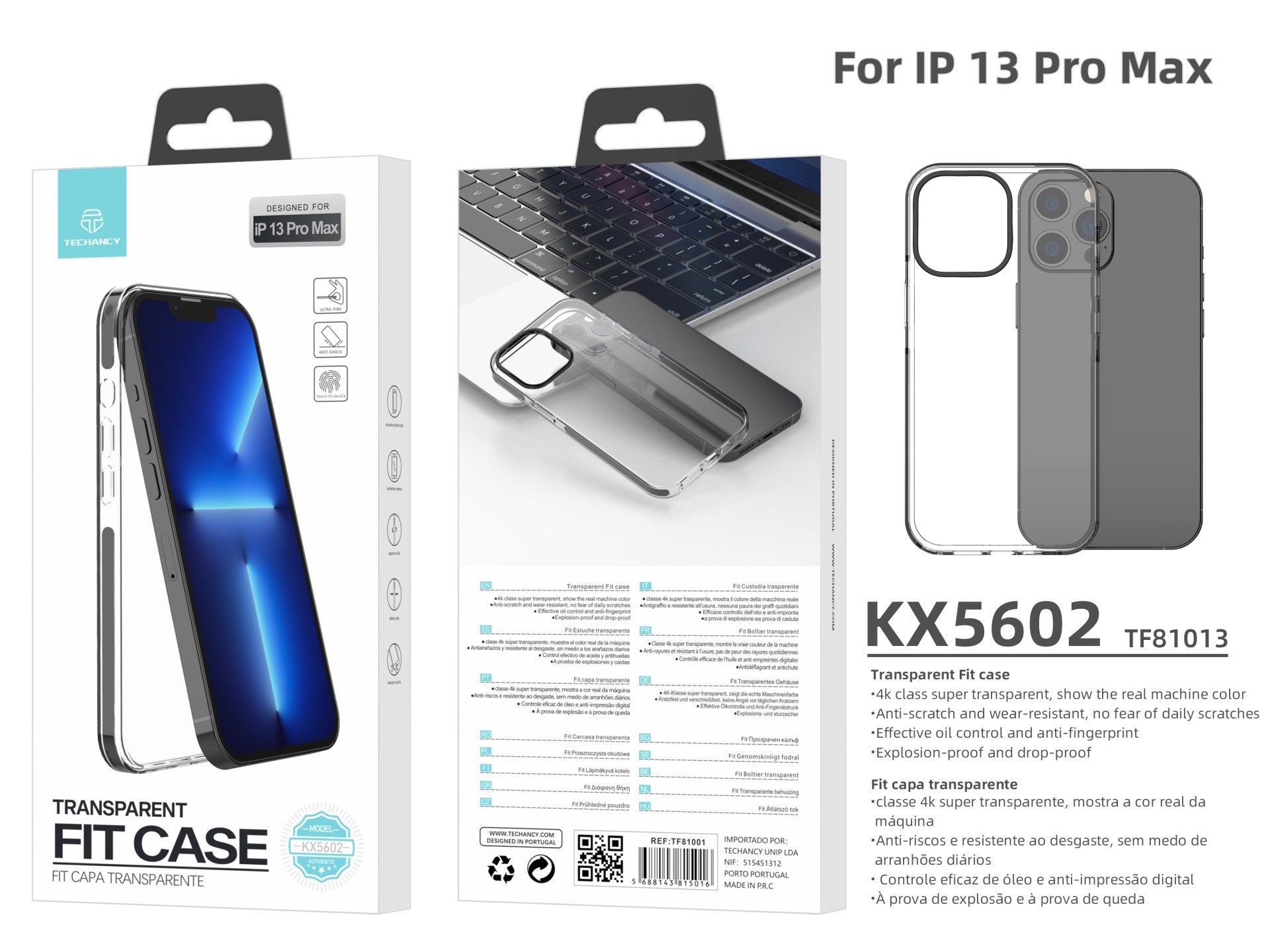 Capa transparente para telemóvel Techancy New Acrylic, KX5602, compatível com iPhone 13 Pro Max, transparente + Preto
