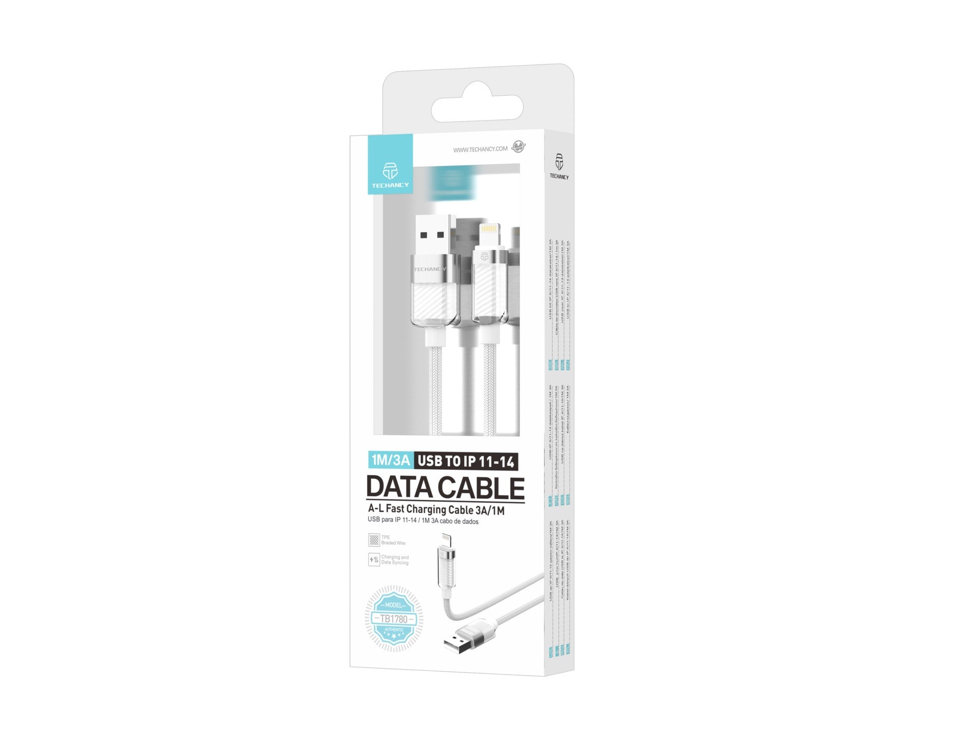 Techancy Cabo De Dados Ip 11-14/Usb 1m/3A Branco TB1780, Compatível Com Iphone/Ipad Carregamento Rápido E Dados