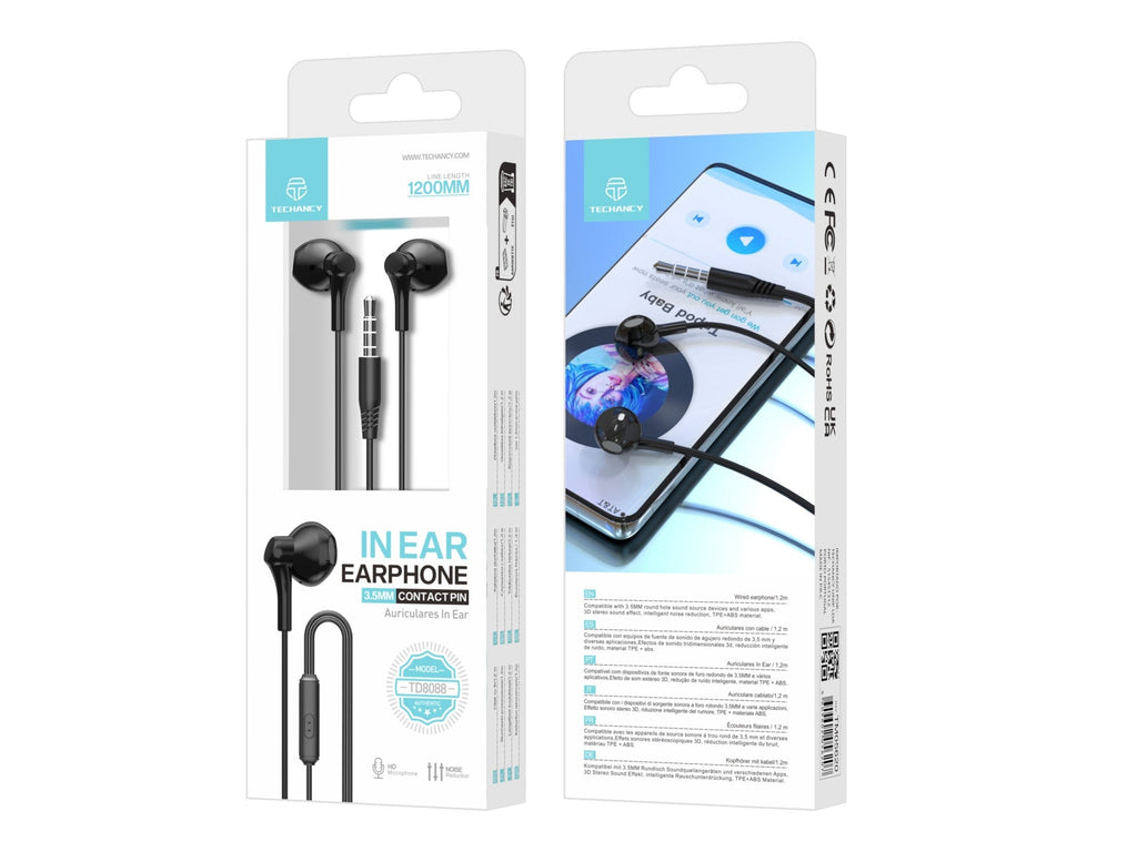 Techancy Auscultadores Intra-Auriculares 1,2 Metros Pretos TD8088, 3,5 Mm Com Microfone, Auscultadores Com Som Estéreo 3d-1